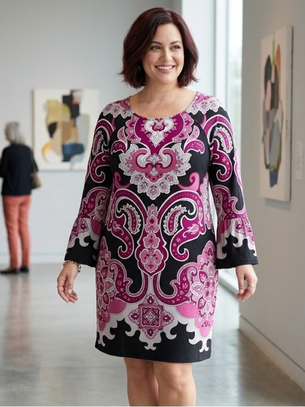 INC International Concepts Women’s Plus Size 1X Black & Magenta Paisley Dress
